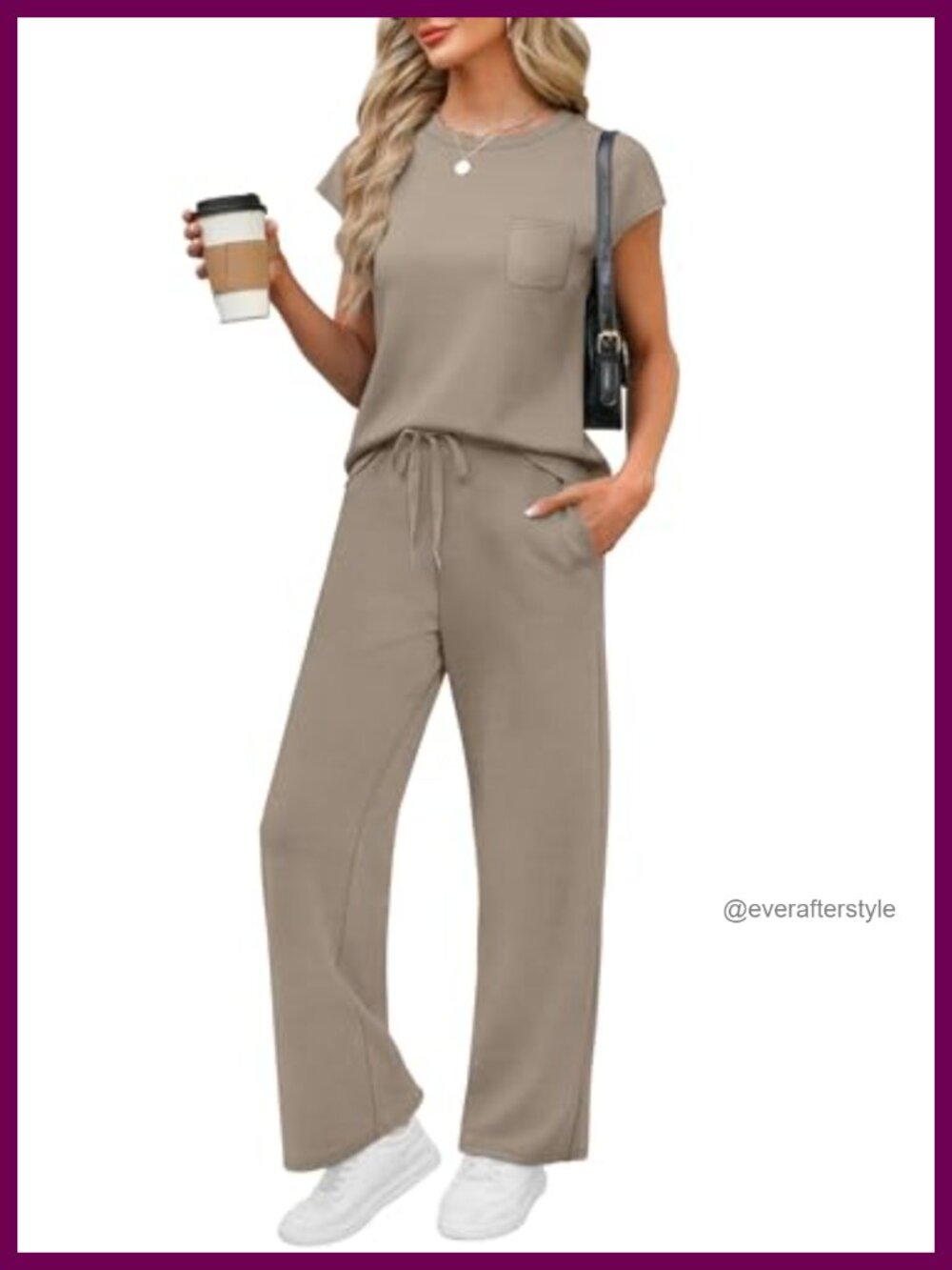 WIHOLL 2 Piece Lounge Set Cap Sleeve Top Wide Leg Pants Travel